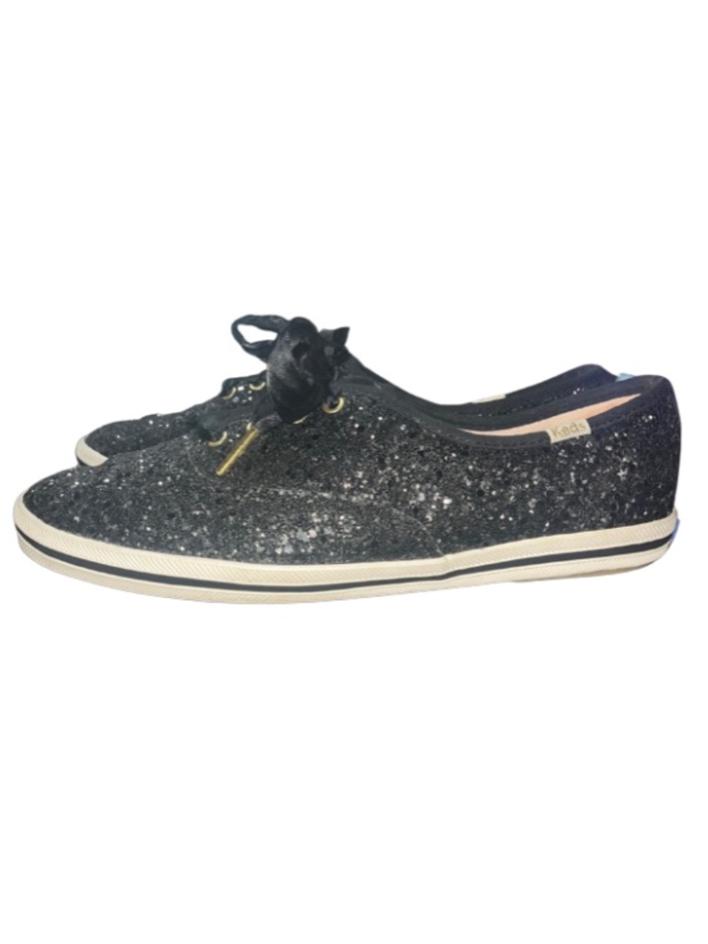 Keds x Kate Spade, Black, Glitter Satin Ribbon Lace-Up Sneakers, Size 7.5 - Picture 6 of 10